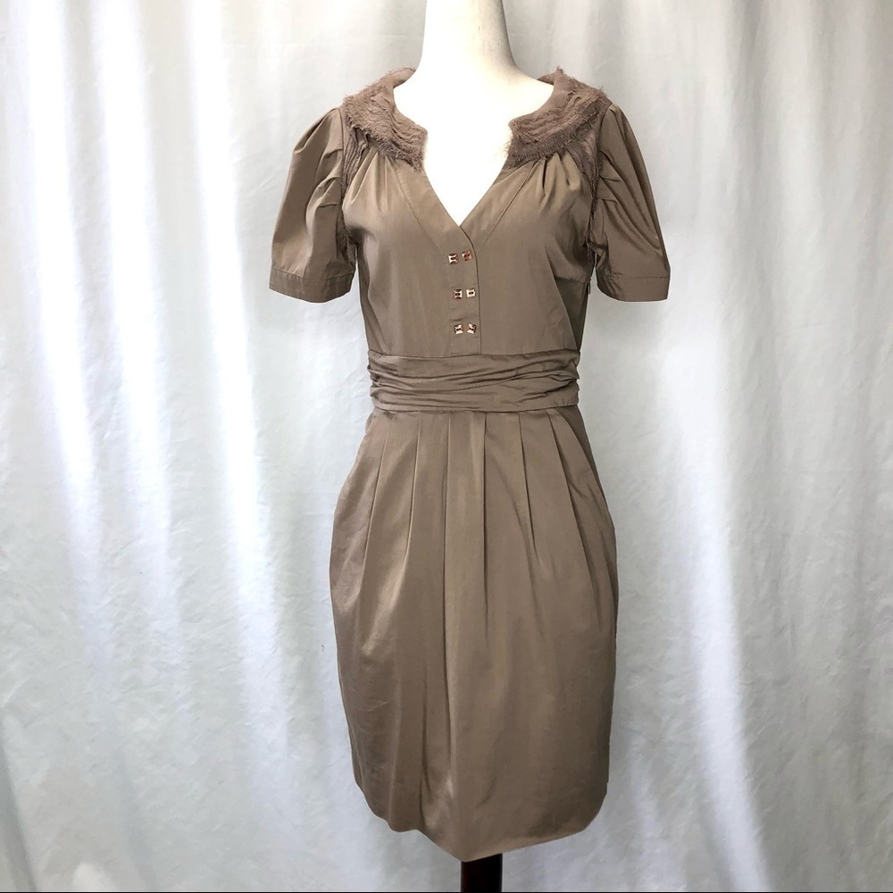 BCBGeneration khaki dress v neck raw edge chiffon detail pleats pockets 6